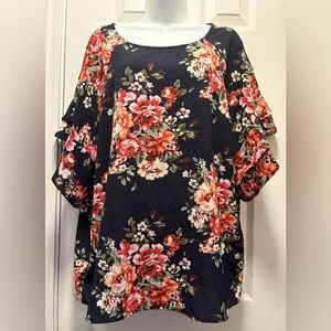 Umgee Navy Blue and Red Floral Blouse Ruffled sleeves
